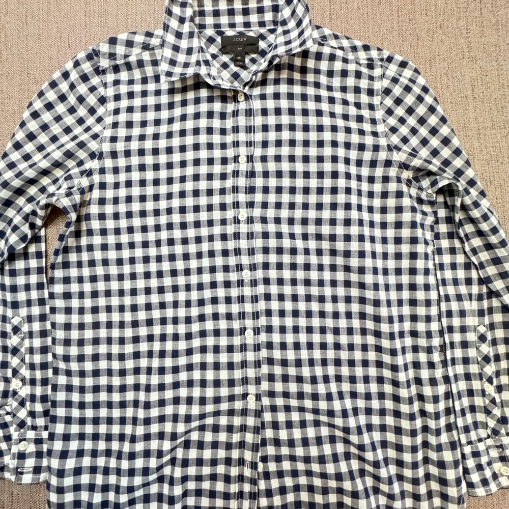 J.Crew Boy Shirt Navy Blue White Gingham Check Button Down Petite 8P Long Sleeve